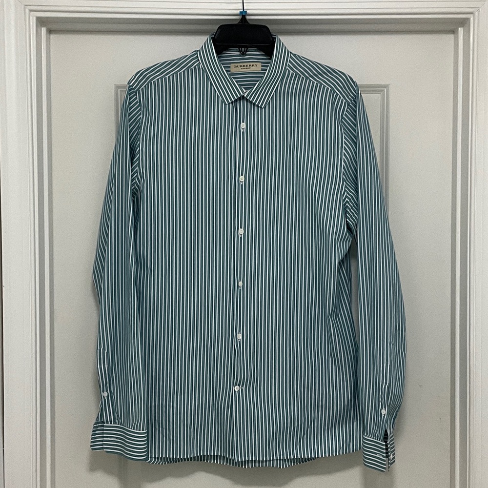 Burberry Men's Green Striped Button Down Shirt